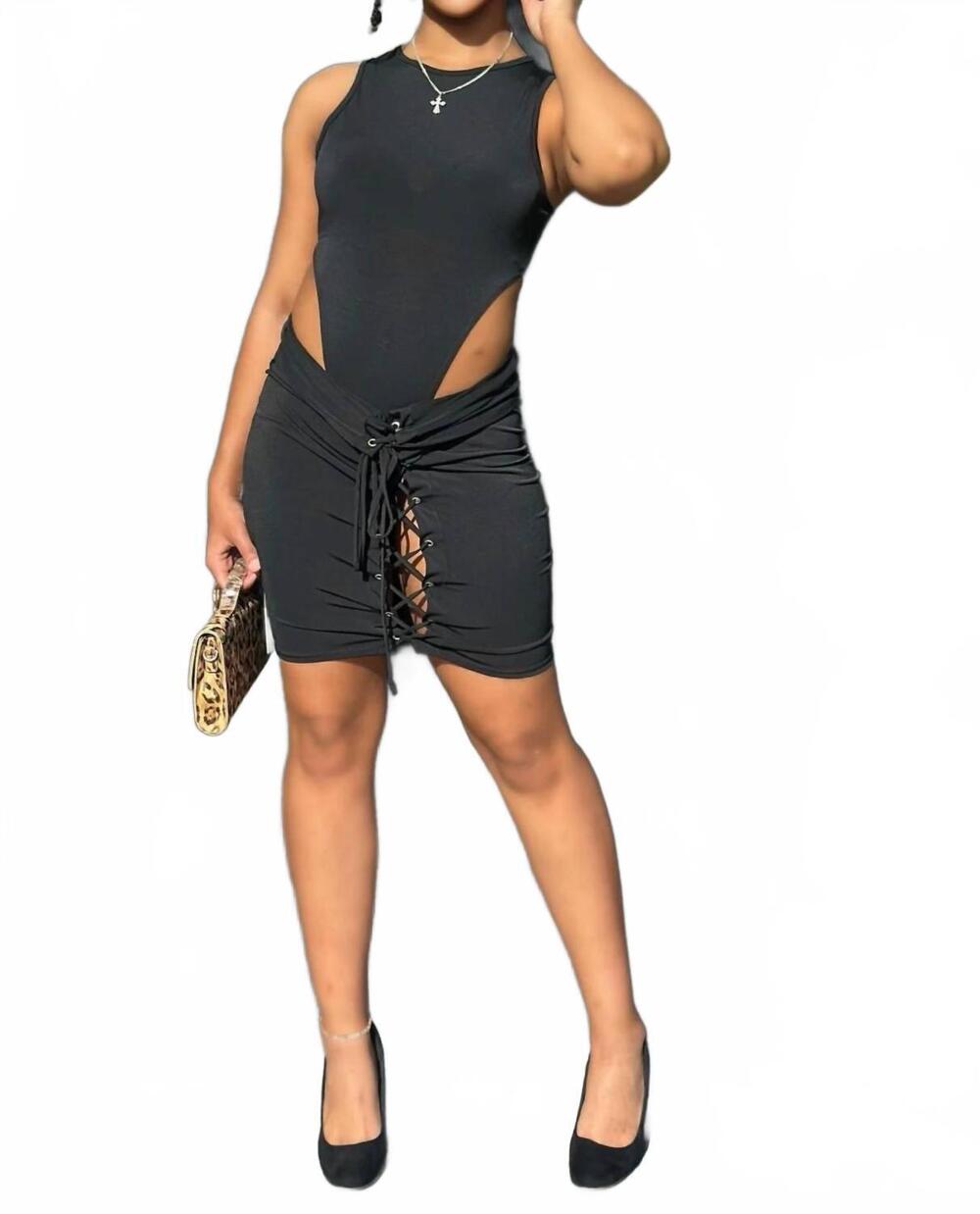 NEW MAYPINK walking trend matching combo bodysuit skirt set in black